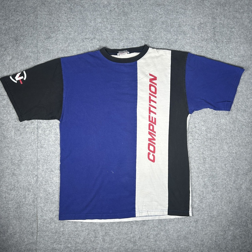 Vintage Nautica Competition T-Shirt Mens Large Blue/White/Black Colorblock 90s